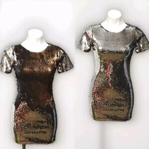 Topshop Petite Silver Brown Reversible Sequin Mini Bodycon Club Party Dress US 0